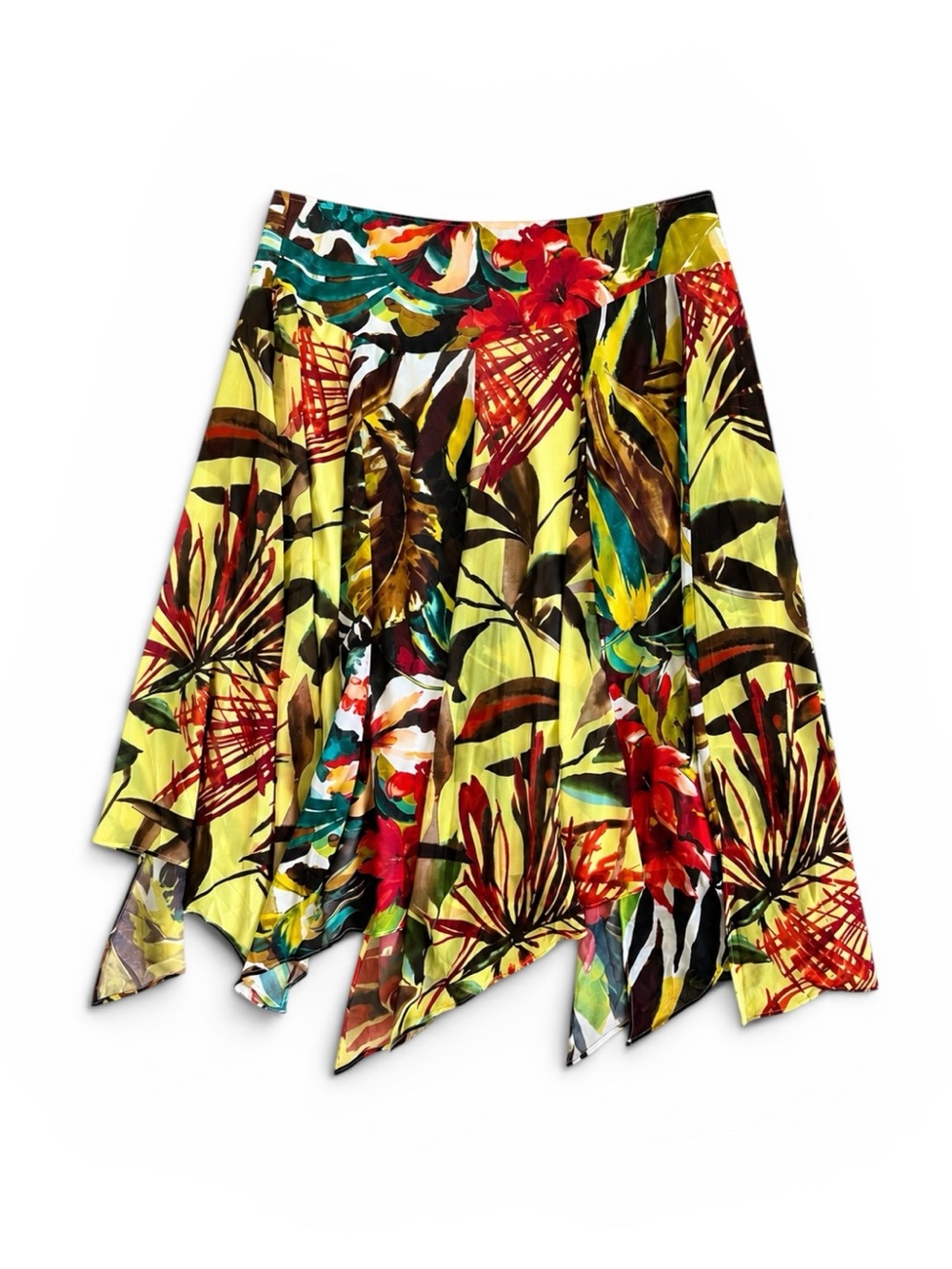 Chico’s Tropical Floral Handkerchief Hem Midi Skirt Yellow Multicolor Size 12
